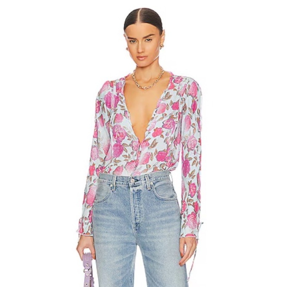NWT Free People Intimately Everything's Rosy Floral Bodysuit Icy Blue Pink Sz S